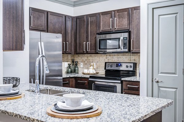 Kitchen featuring modern appliances and sleek cabinetry in Harlow Spring Cypress Apartments