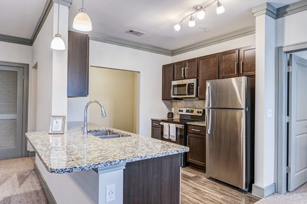 Modern kitchen with stainless steel appliances in Harlow Spring Cypress Apartments