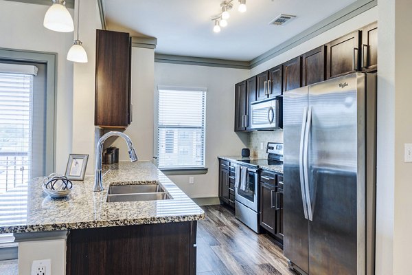 Modern kitchen with stainless steel appliances in Harlow Spring Cypress Apartments