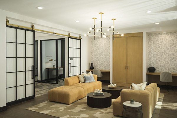 Clubhouse featuring stylish lounge areas at Smith + Rio Apartments, luxury Greystar community in an urban setting