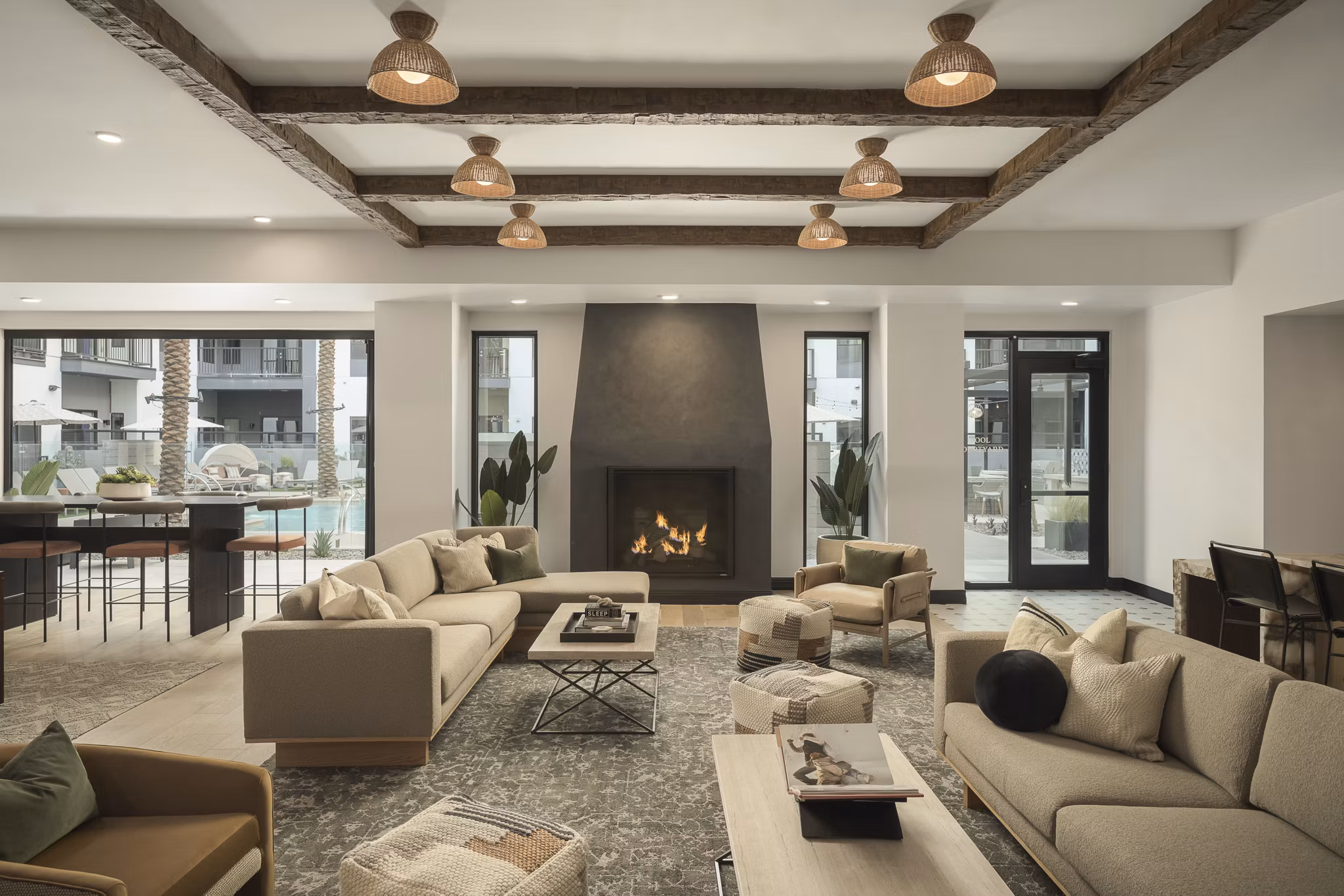 Elegant clubhouse with modern design elements at Smith + Rio Apartments, offering luxurious community spaces in a vibrant neighborhood