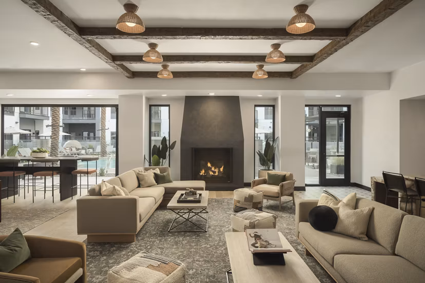 Elegant clubhouse with modern design elements at Smith + Rio Apartments, offering luxurious community spaces in a vibrant neighborhood