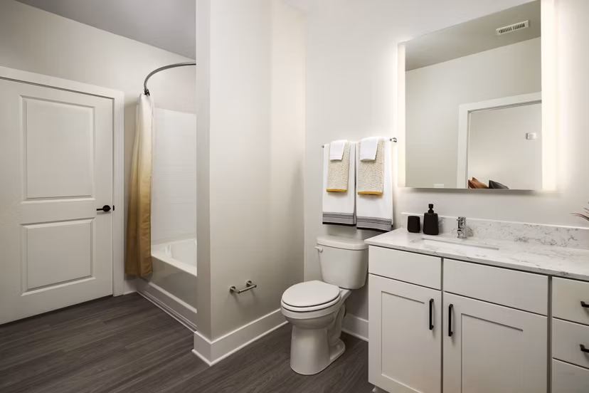 Modern bathroom featuring sleek fixtures and ample lighting in Soundwater Apartments