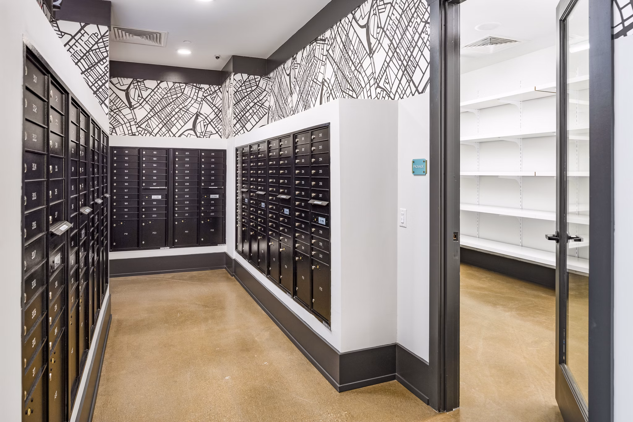 Clubhouse mail room with organized parcel lockers at Soundwater Apartments, a luxury Greystar community