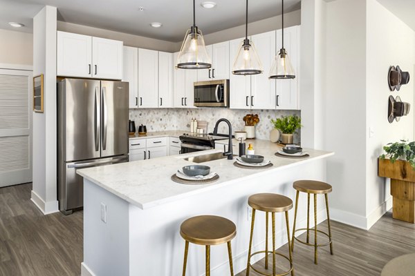 Modern kitchen with stainless steel appliances at Soundwater Apartments, a luxury Greystar community in a prime waterfront location
