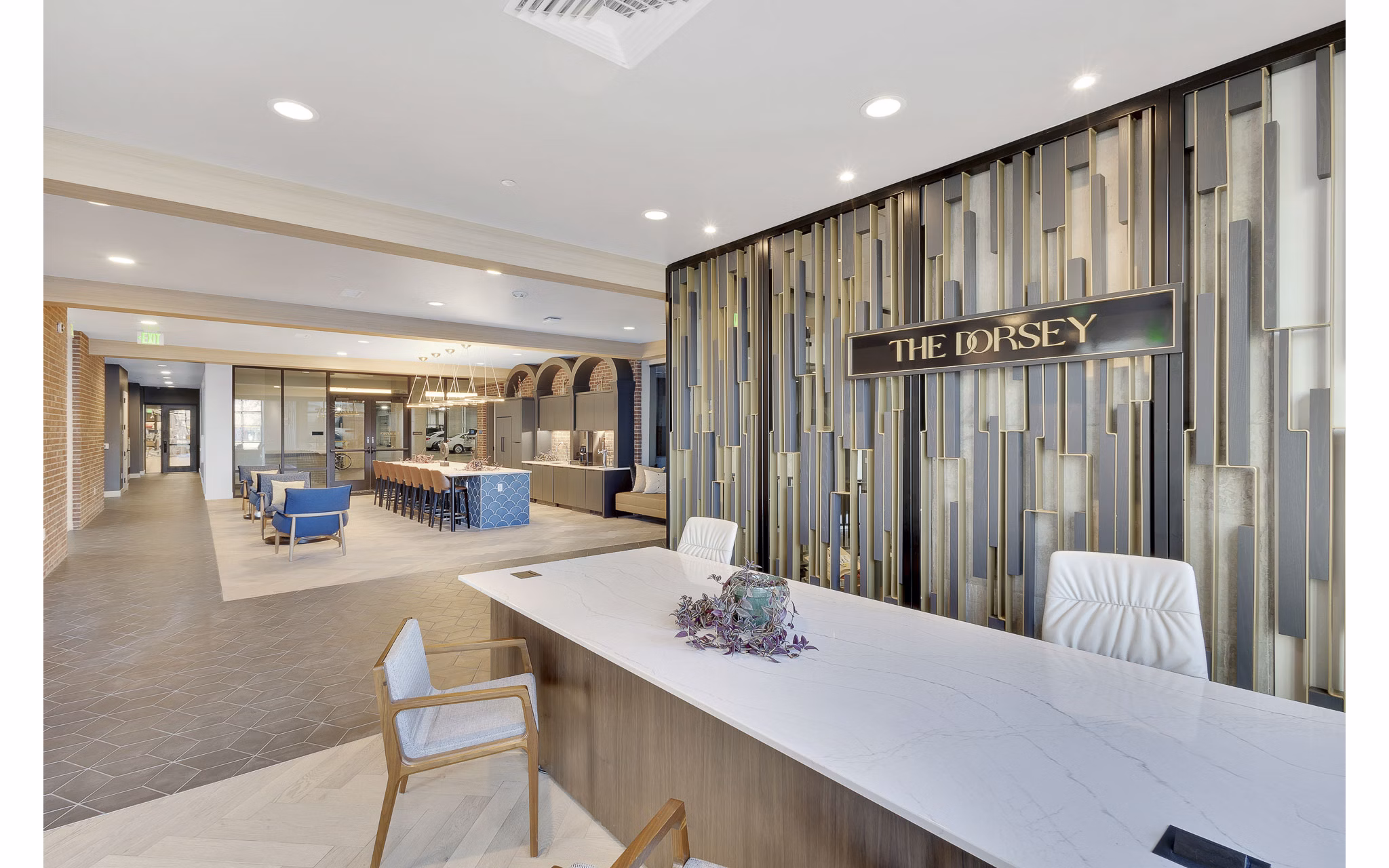 The Dorsey Apartments: Elegant clubhouse with modern decor and cozy seating areas