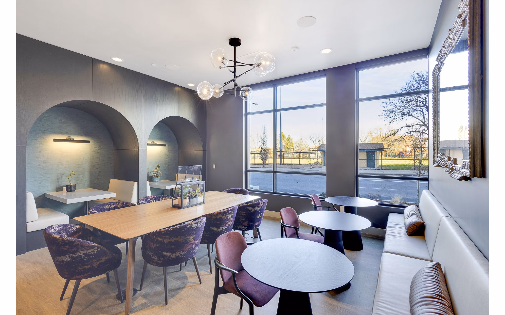 Clubhouse with modern design elements at The Dorsey Apartments, a luxury living community by Greystar