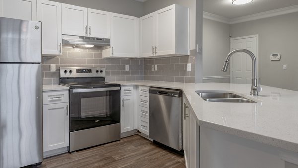 Modern kitchen with stainless steel appliances at The Slate Apartments