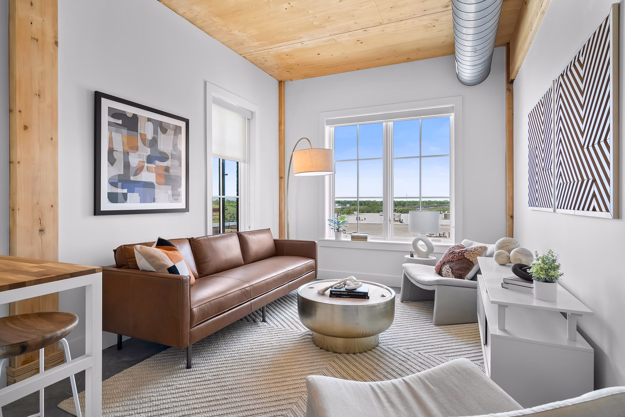 Spacious living room with modern decor in Ann Street Lofts Apartments of luxury Greystar community
