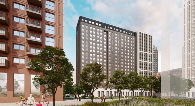 Architectural visualization of a contemporary apartment complex with brown and gray facades, featuring balconies and a public park with pedestrians.