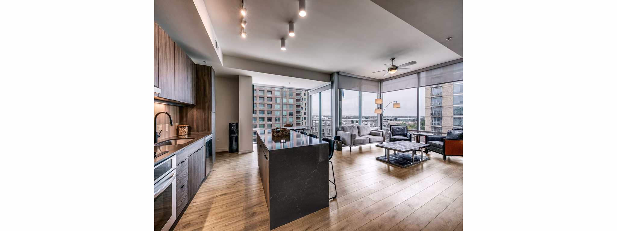 Modern kitchen with stainless steel appliances at 3700M Apartments, luxury living by Greystar