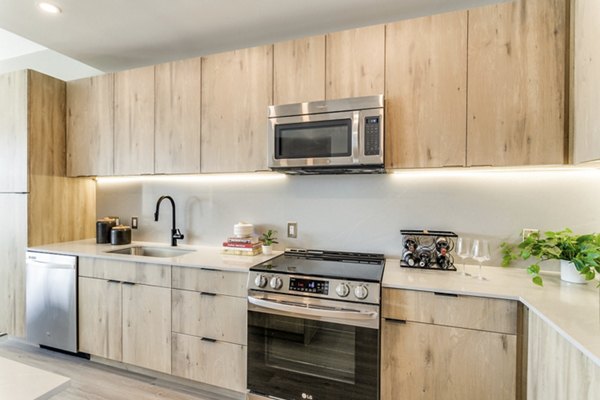 Modern kitchen with stainless steel appliances at 3700M Apartments, offering luxury living in a sophisticated atmosphere