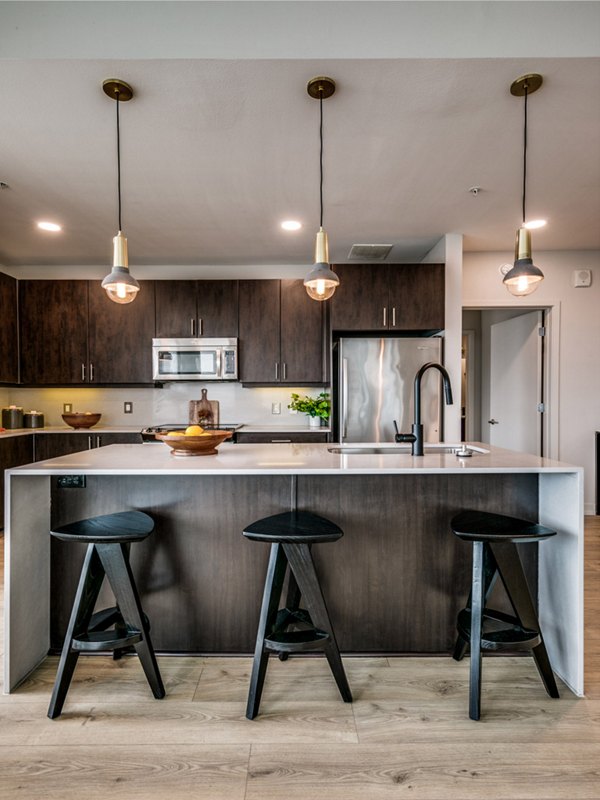 Modern kitchen with sleek countertops and stainless steel appliances at 3700M Apartments