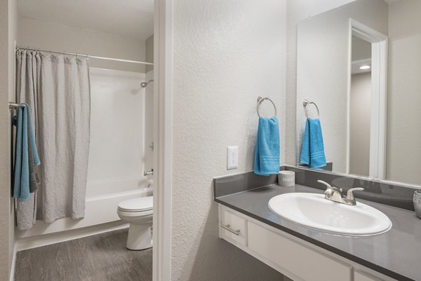 The Hills Apartments: Modern bathroom with sleek fixtures and marble countertops