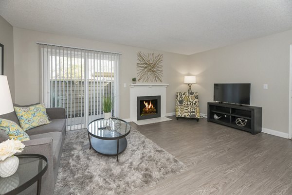 Living room with modern decor and open layout at The Hills Apartments