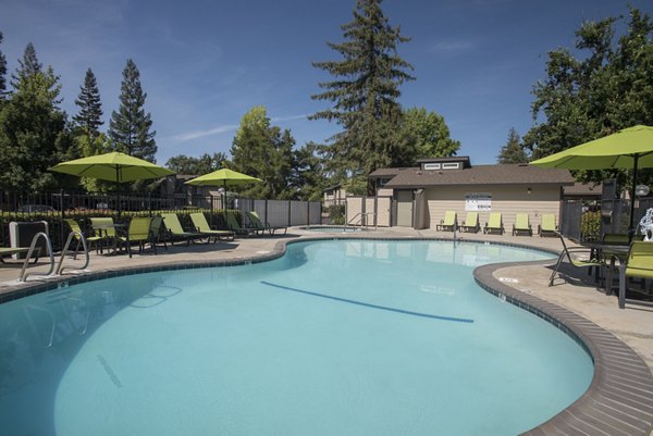 Outdoor pool area with sun loungers at The Hills Apartments, offering luxury relaxation and leisure amenities in a vibrant community setting