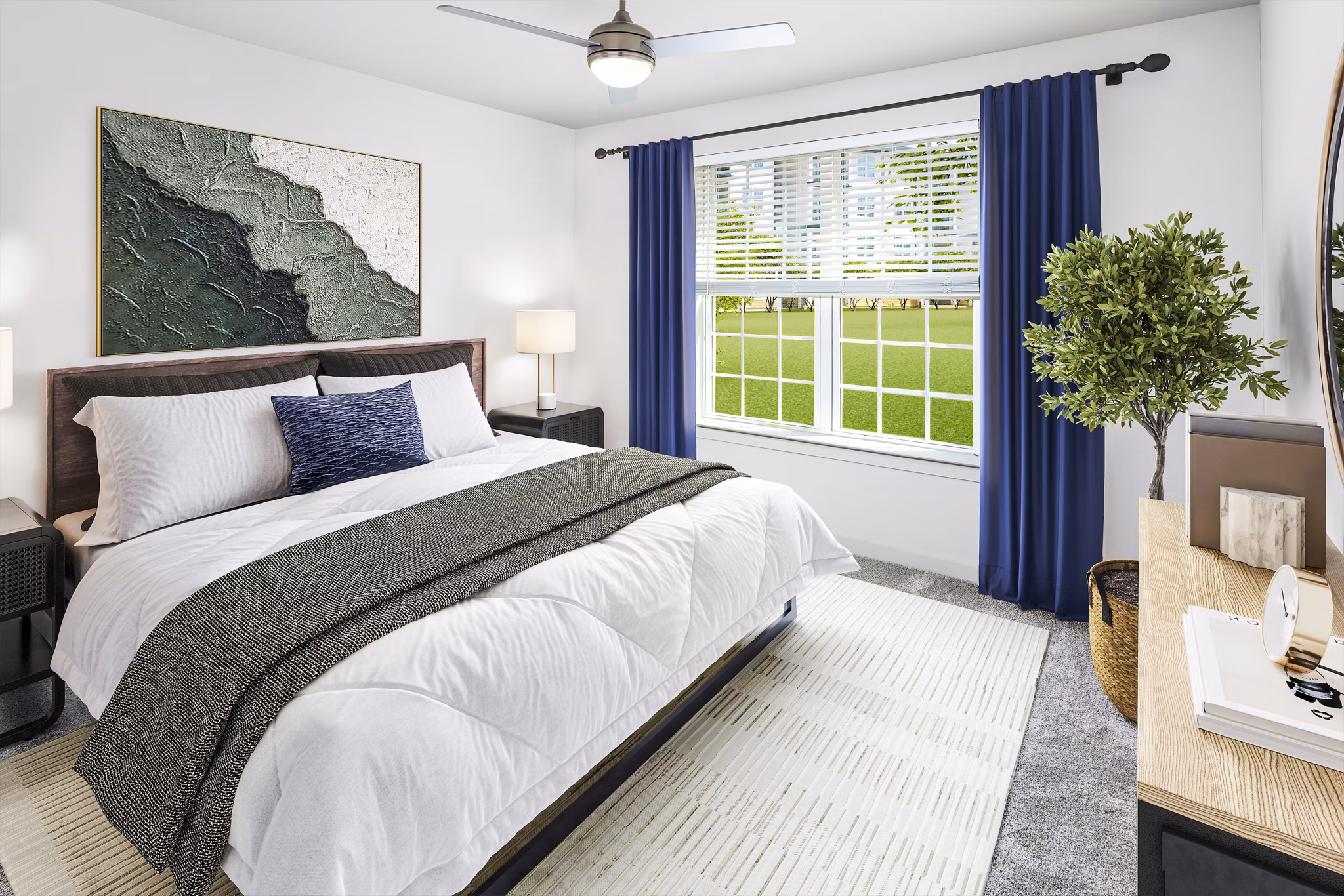 Cozy bedroom with modern decor at Elan Sweetwater Creek Apartments