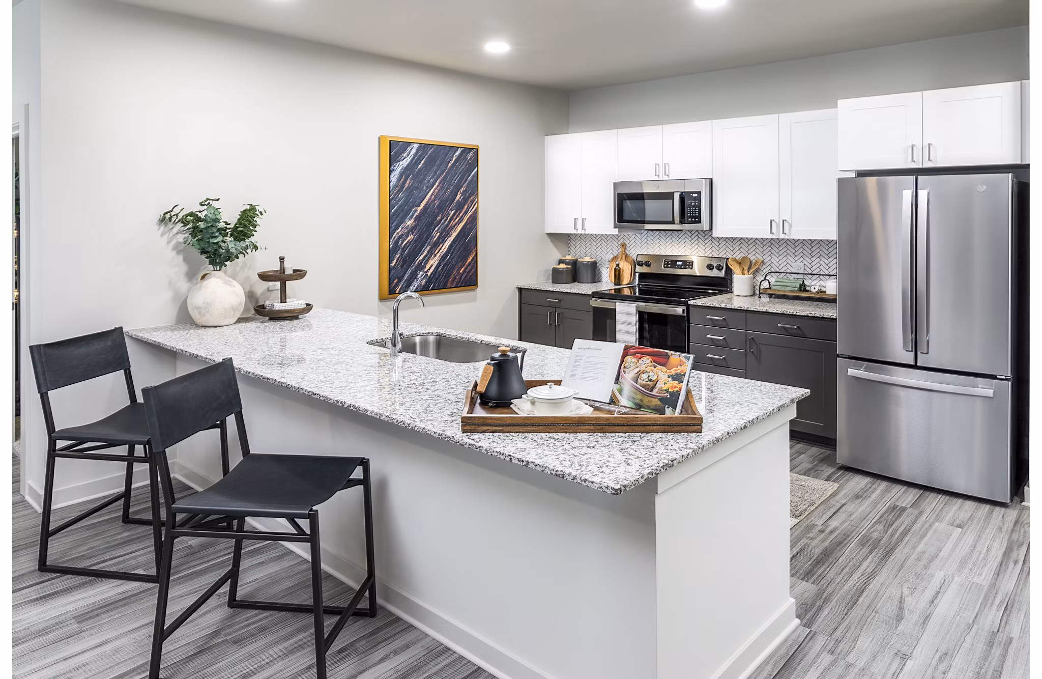 Modern kitchen with stainless steel appliances at Elan Sweetwater Creek luxury apartments