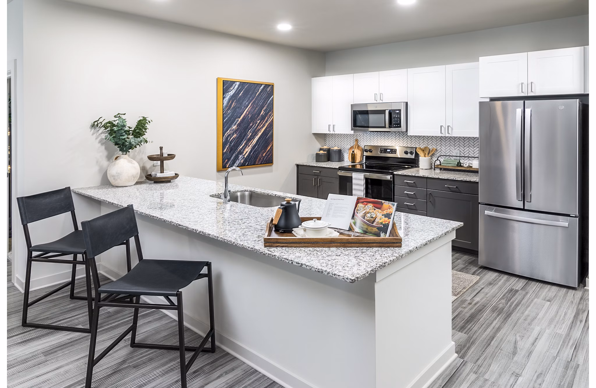 Modern kitchen with stainless steel appliances at Elan Sweetwater Creek luxury apartments