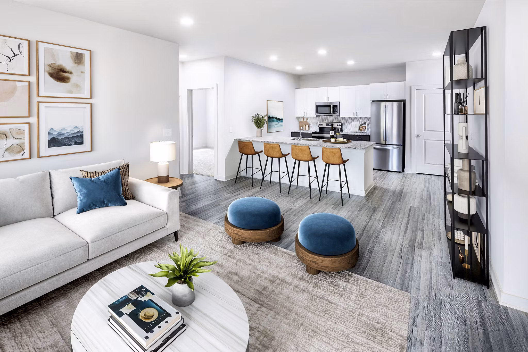 Spacious living room with modern furnishings at Elan Sweetwater Creek apartments