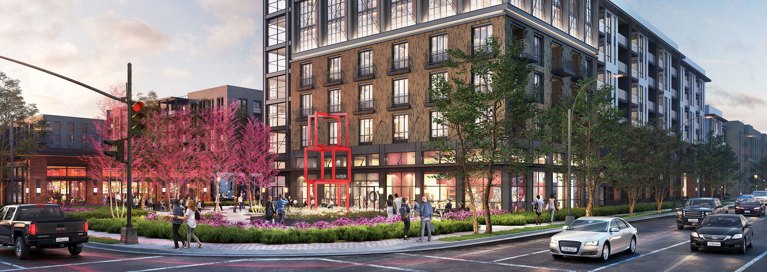 Rendering of a modern multi-story building with retail space on the ground floor and residential units above, featuring rooftop greenery and situated at a busy street intersection with pedestrians and cars.