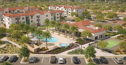 Artist’s rendering of a luxury residential complex with an outdoor pool, palm trees, and recreational areas.