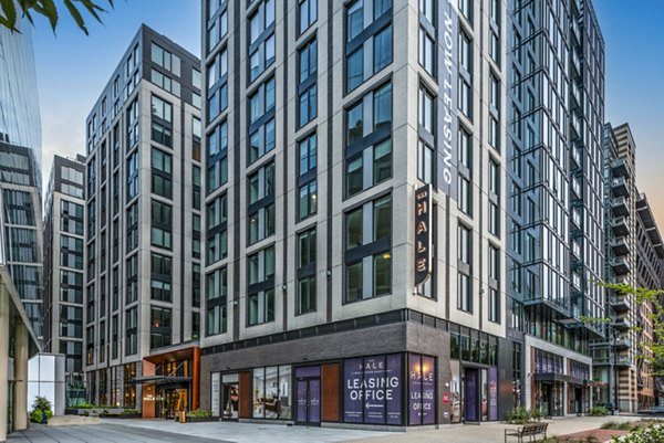 Modern luxury apartments with a leasing office in a vibrant urban location