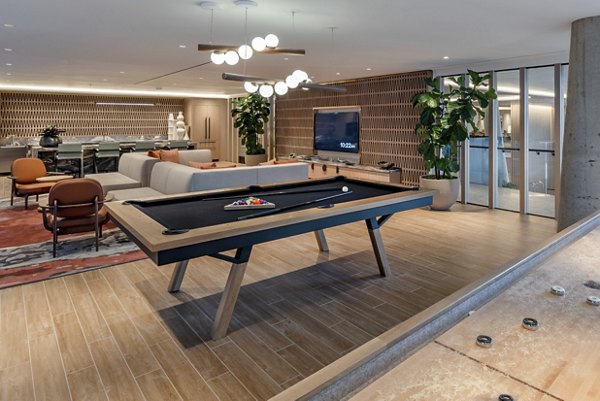 Lobby with modern furnishings and art installations in The Hale luxury apartments