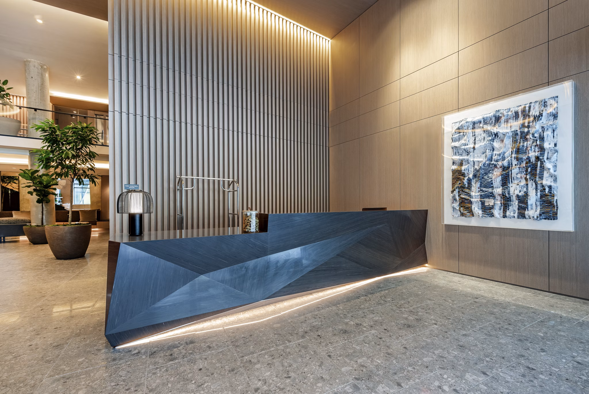 Elegant lobby with contemporary decor and seating at The Hale luxury apartments