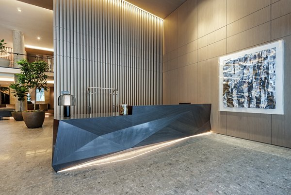Elegant lobby with contemporary decor and seating at The Hale luxury apartments