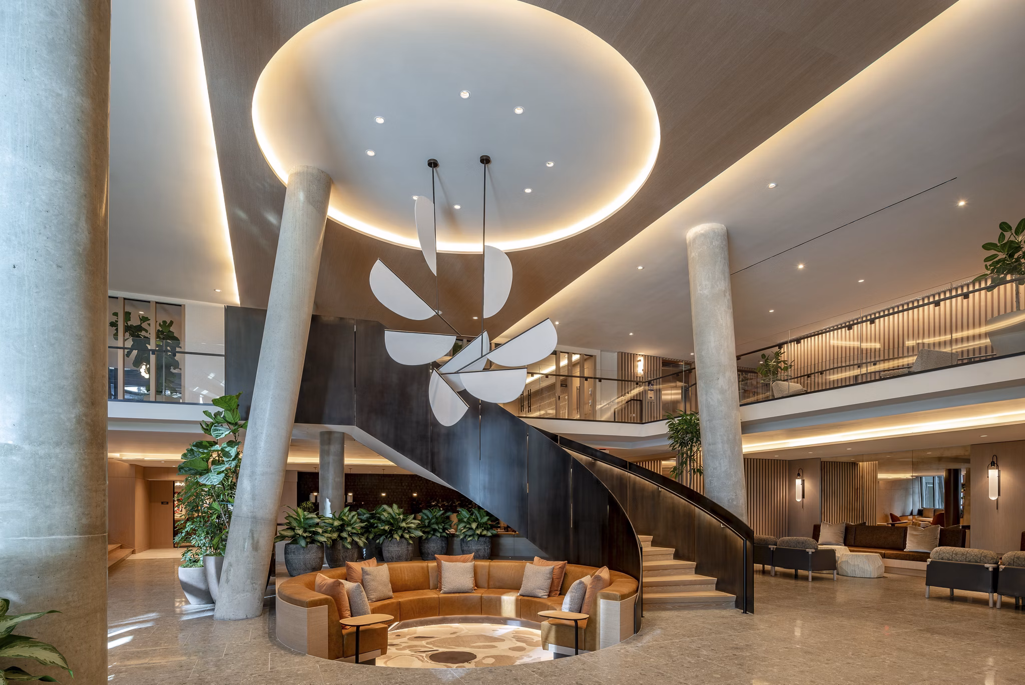 Modern lobby with stylish seating and lighting in The Hale luxury apartments