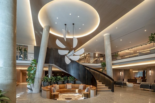 Modern lobby with stylish seating and lighting in The Hale luxury apartments