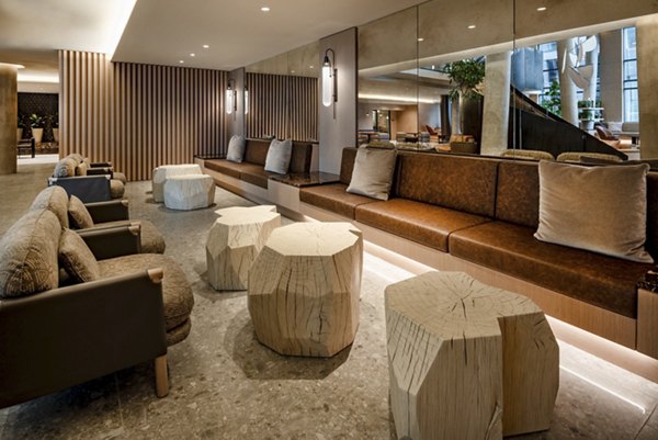 Contemporary lobby with elegant chandeliers in The Hale luxury apartments