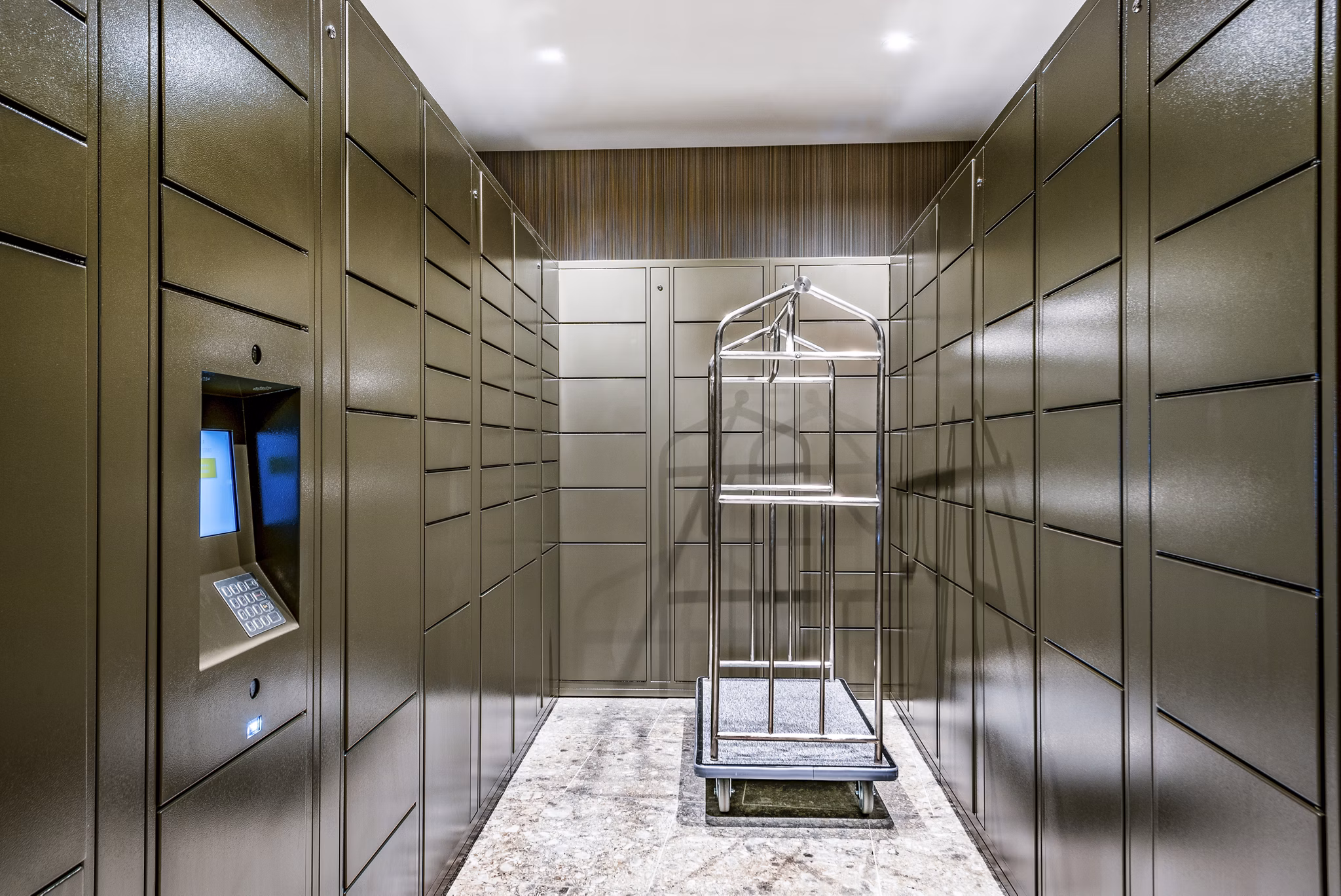 Package locker room with convenient luggage cart for easy transportation in luxury apartments
