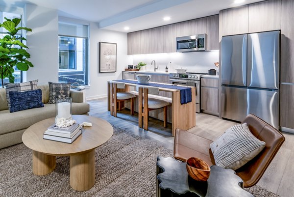 Modern kitchen and living area with stainless steel appliances and stylish decor in luxury apartment