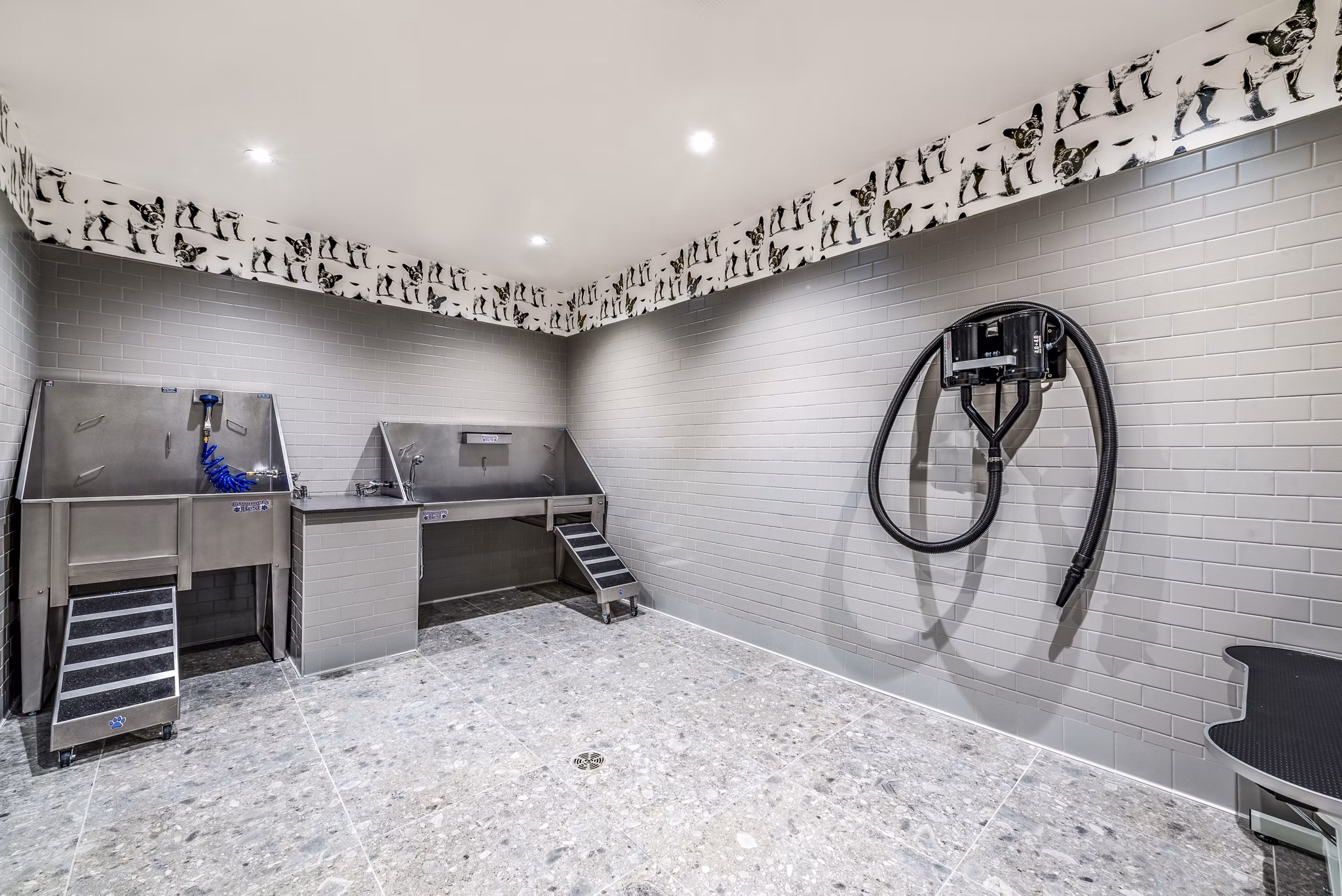 Pet washing station with dual washing areas and convenient hose at luxury apartments