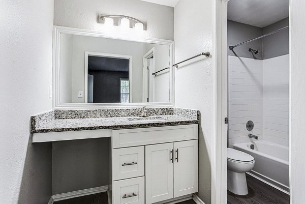 Modern bathroom with sleek fixtures at Hairston Woods Apartments featuring luxury design elements and optimal functionality for residents