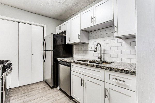 Modern kitchen with stainless steel appliances at Hairston Woods Apartments