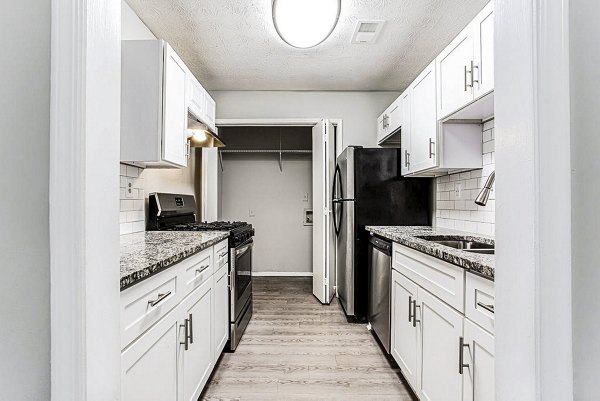Modern kitchen featuring stainless steel appliances and sleek cabinetry in Hairston Woods Apartments