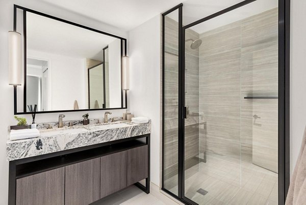 Modern bathroom with sleek finishes at The Metlo Apartments