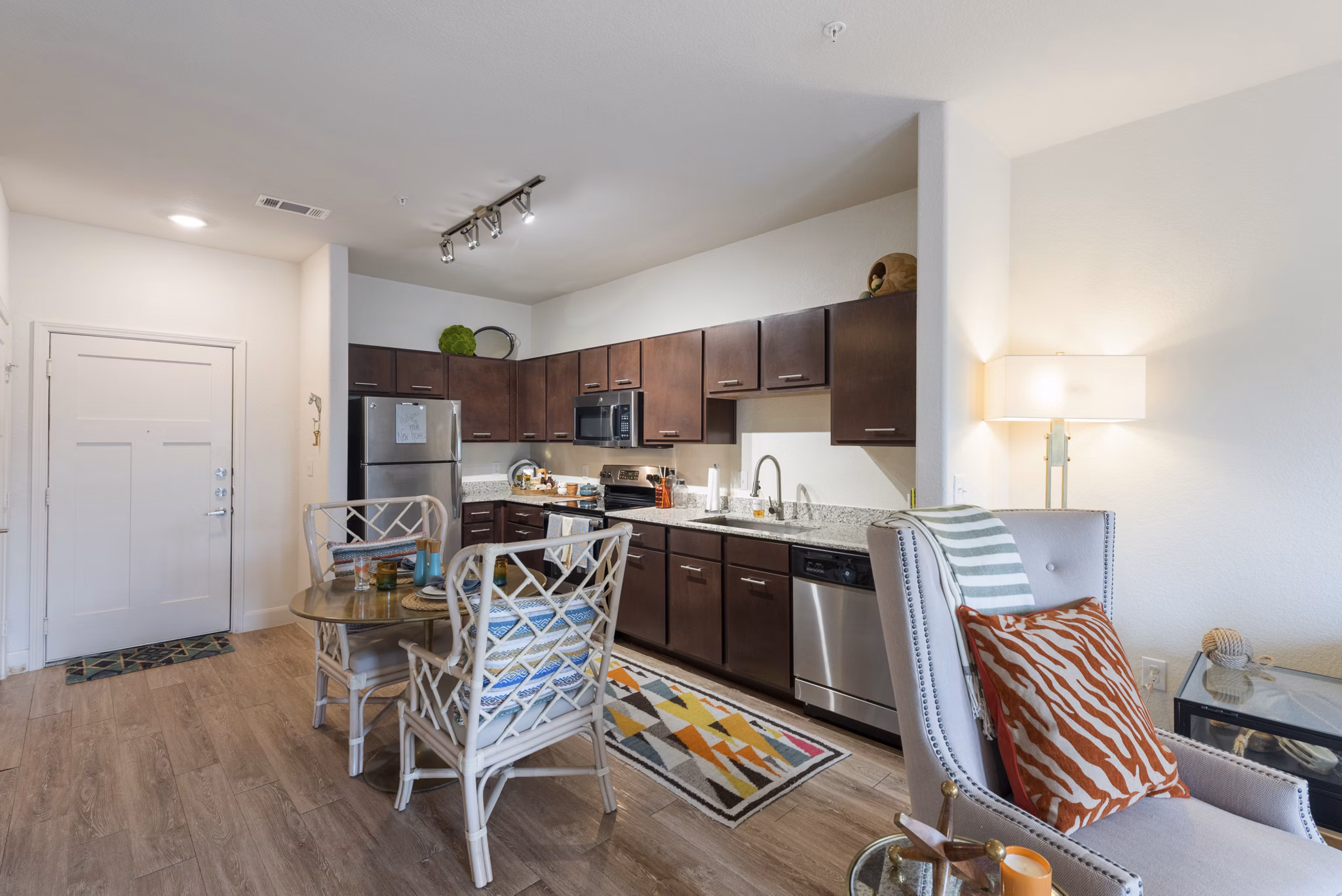 Elegant dining area with modern decor at Urban Crest Apartments