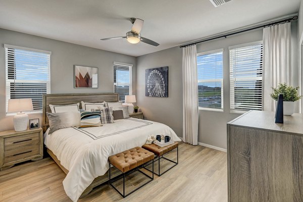 Stylish bedroom with modern decor at Town Germann Apartments