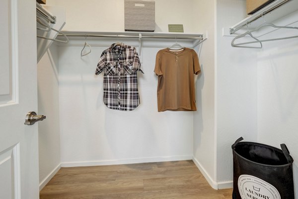 Spacious walk-in closet with built-in shelving at Town Germann Apartments, luxurious living in a prime location