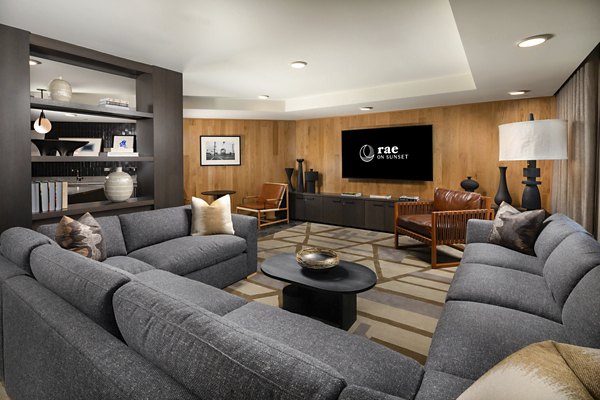 Clubhouse with modern design and seating at Rae on Sunset Apartments, luxury living in a prime location