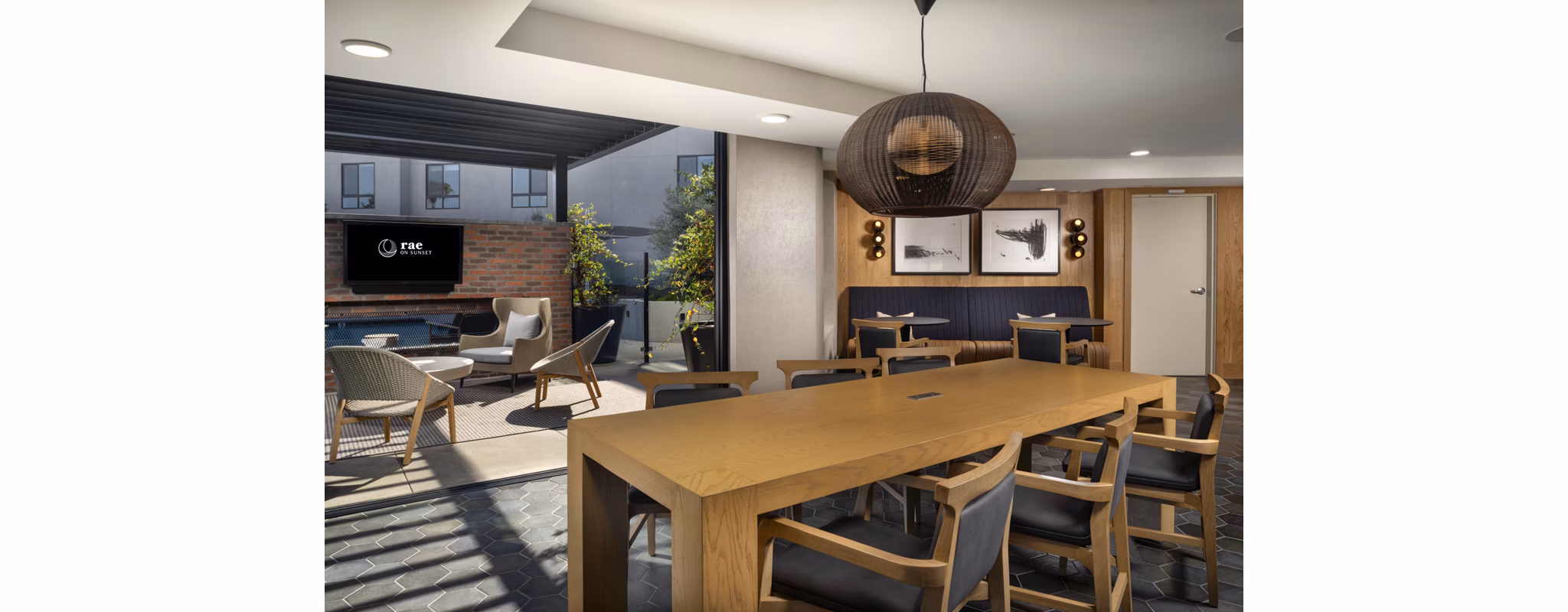 Modern clubhouse with luxury seating at Rae on Sunset Apartments; ideal for socializing and relaxation