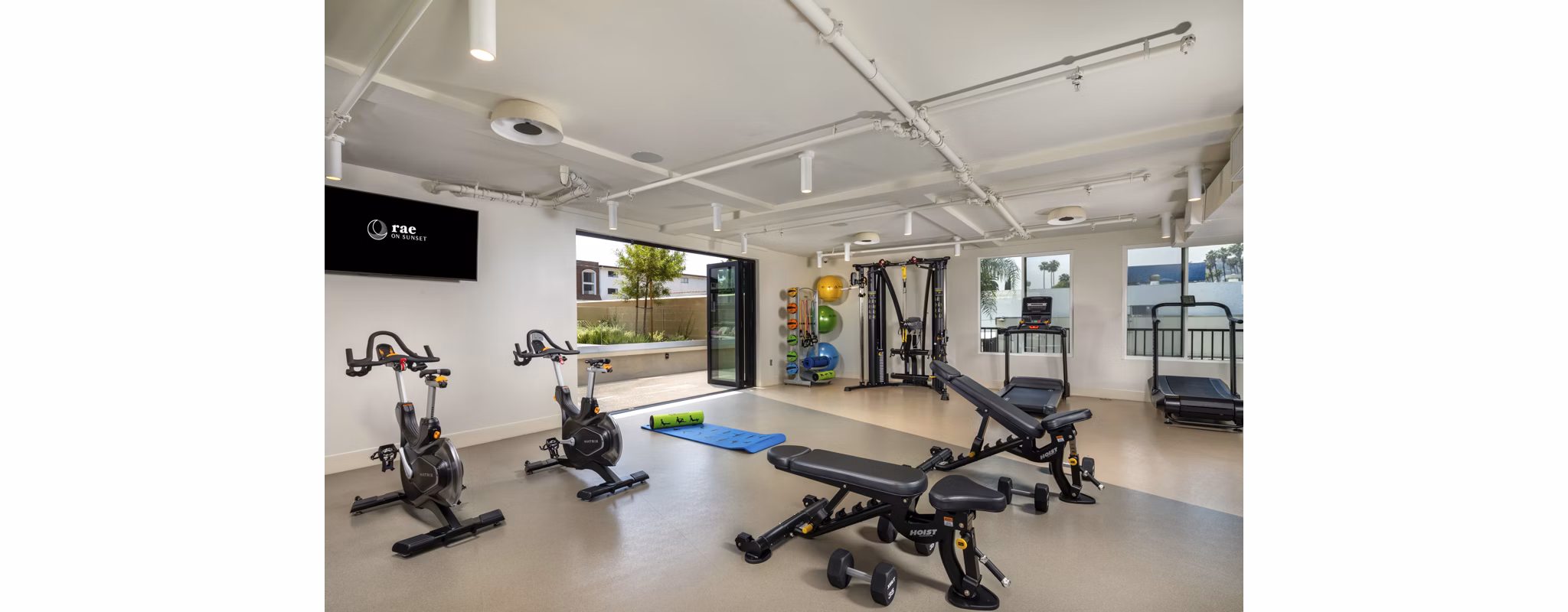 State-of-the-art fitness center at Rae on Sunset Apartments featuring cardio equipment and free weights