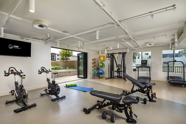 State-of-the-art fitness center at Rae on Sunset Apartments featuring cardio equipment and free weights