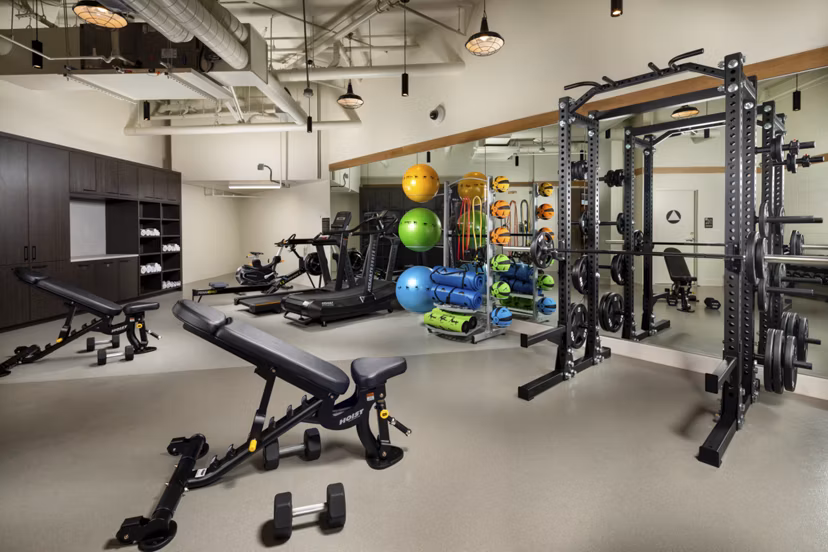 Modern fitness center with advanced equipment at Rae on Sunset Apartments in Los Angeles