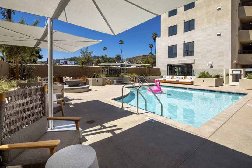 Rooftop pool with panoramic views at Rae on Sunset Apartments in Hollywood, Los Angeles