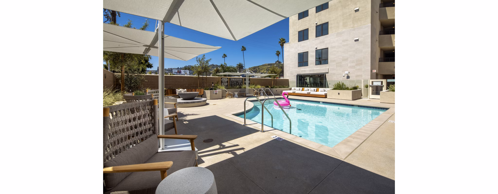 Rooftop pool with panoramic views at Rae on Sunset Apartments in Hollywood, Los Angeles